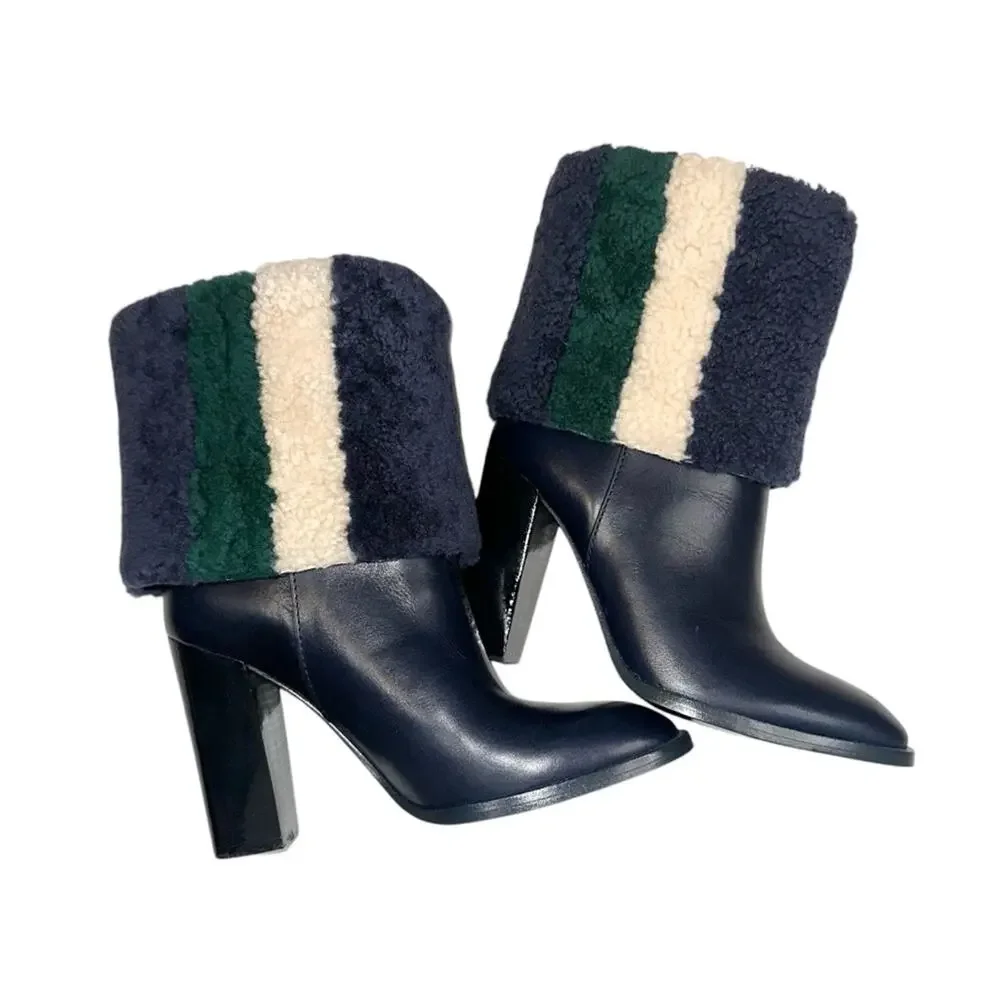 Tory Burch Bamford 100mm Navy Lamb Fur Block Heel Booties 7M